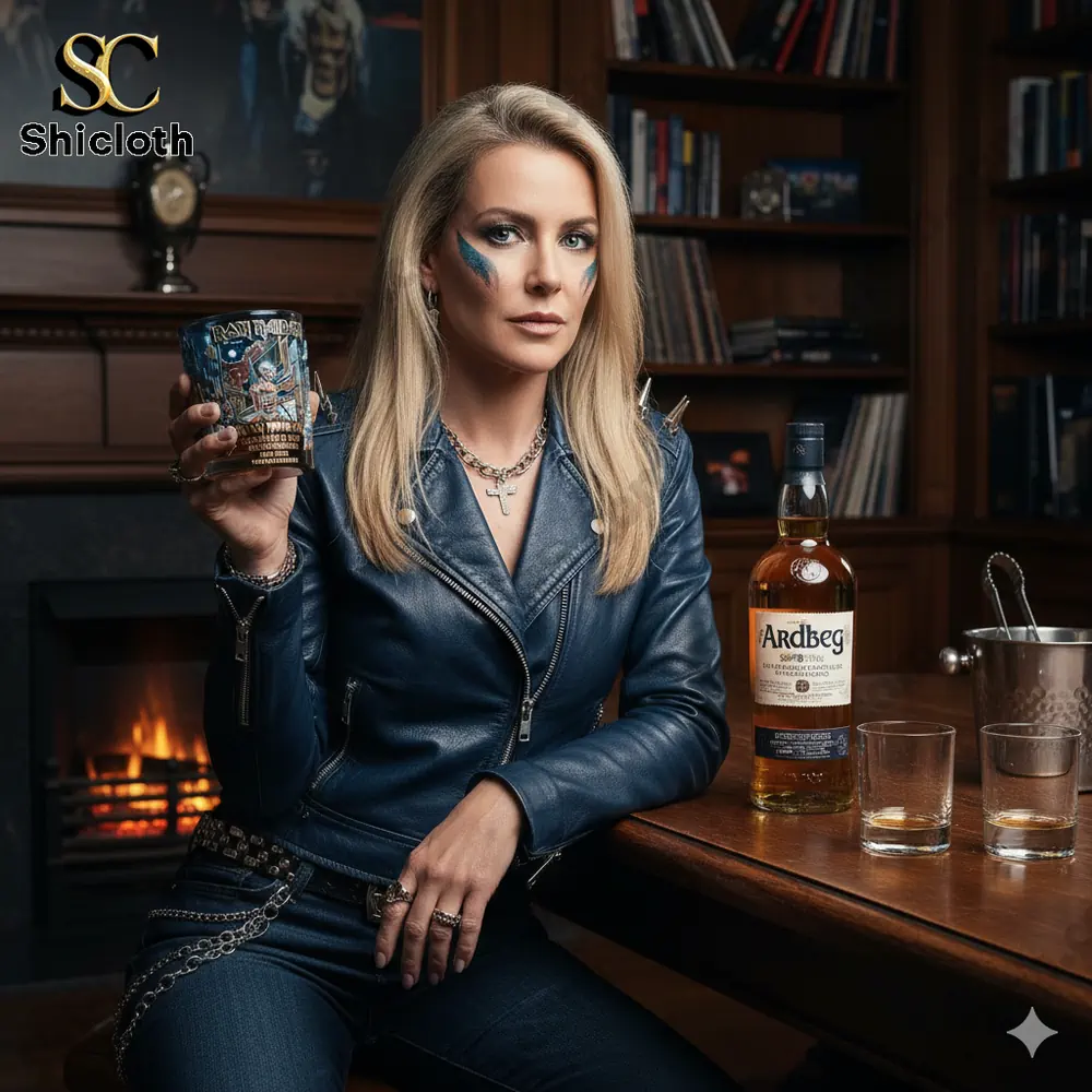 Woman holding Iron Maiden whiskey glass in classic library setting!