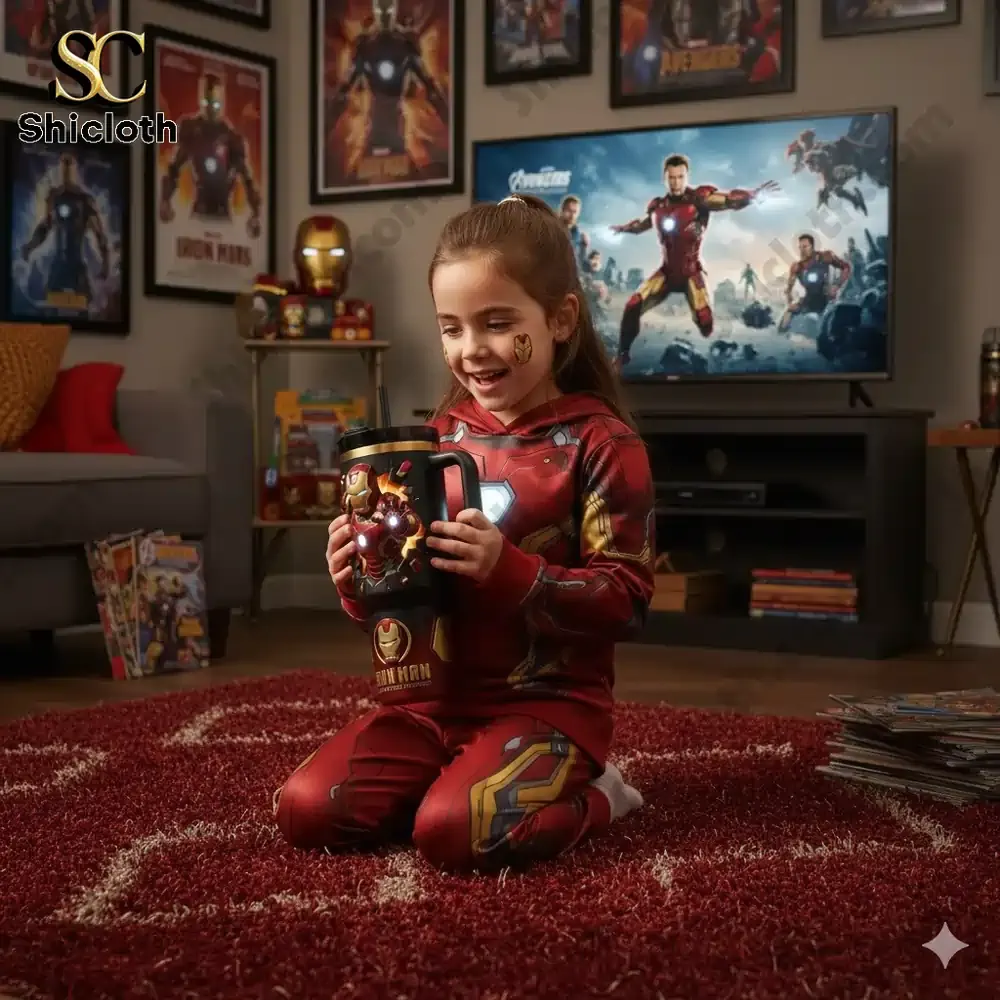 System Of A Down 2026 40oz Tumbler 52 A child in an Iron Man costume holding an Iron Man tumbler in a superhero themed living room!
