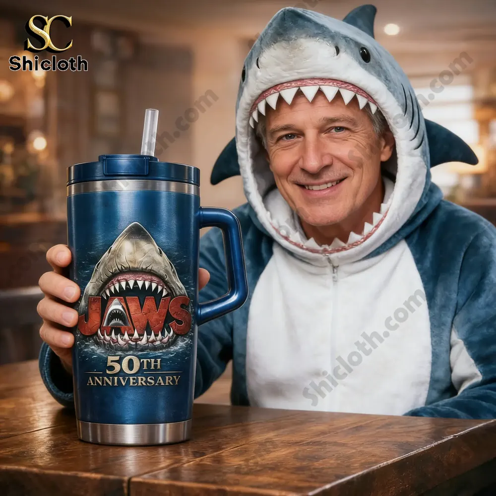 Philadelphia Eagles 93rd Anniversary Limited Edition Travel Tumbler 102 Man wearing shark costume holding Jaws anniversary mug!