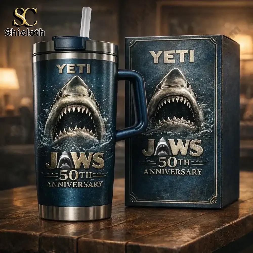Yeti mug with shark jaws artwork and matching box!