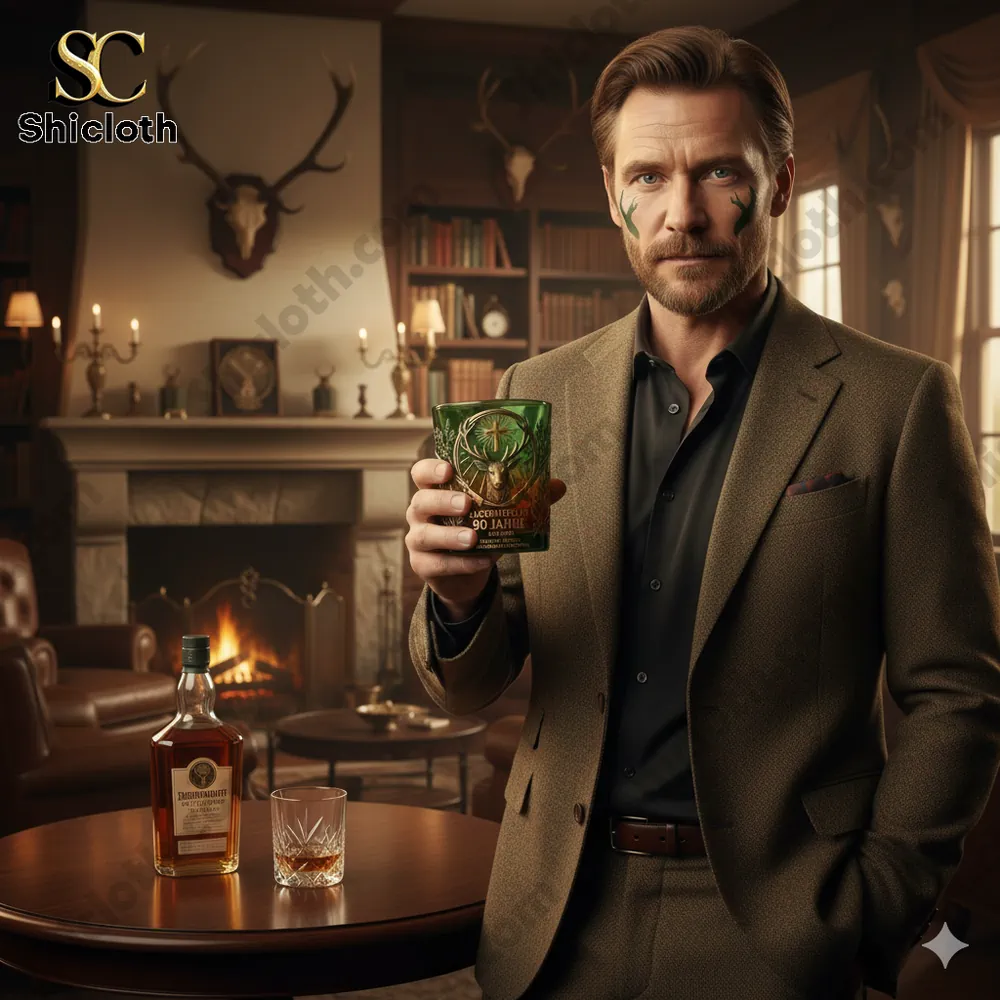 Man holding a green commemorative herbal liqueur glass in a warm classic study!