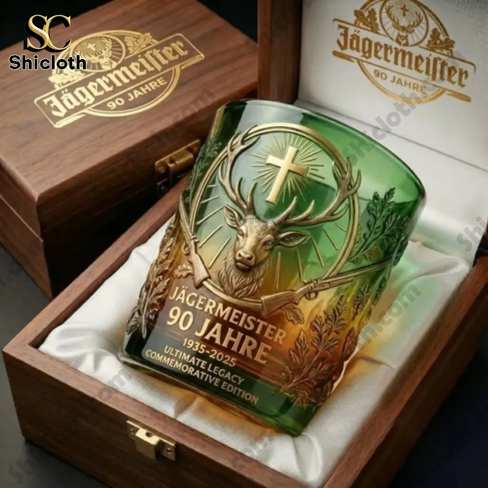 Commemorative green herbal liqueur glass inside a wooden gift box!