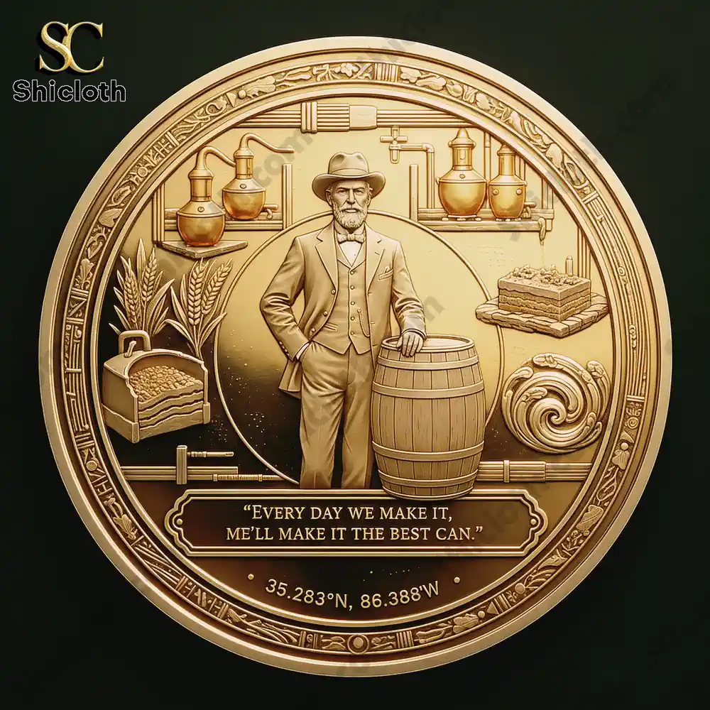 Jack Daniel's 160th Anniversary Legacy Coin 3 Gold engraved medallion showing a distillery founder and whiskey making symbols!