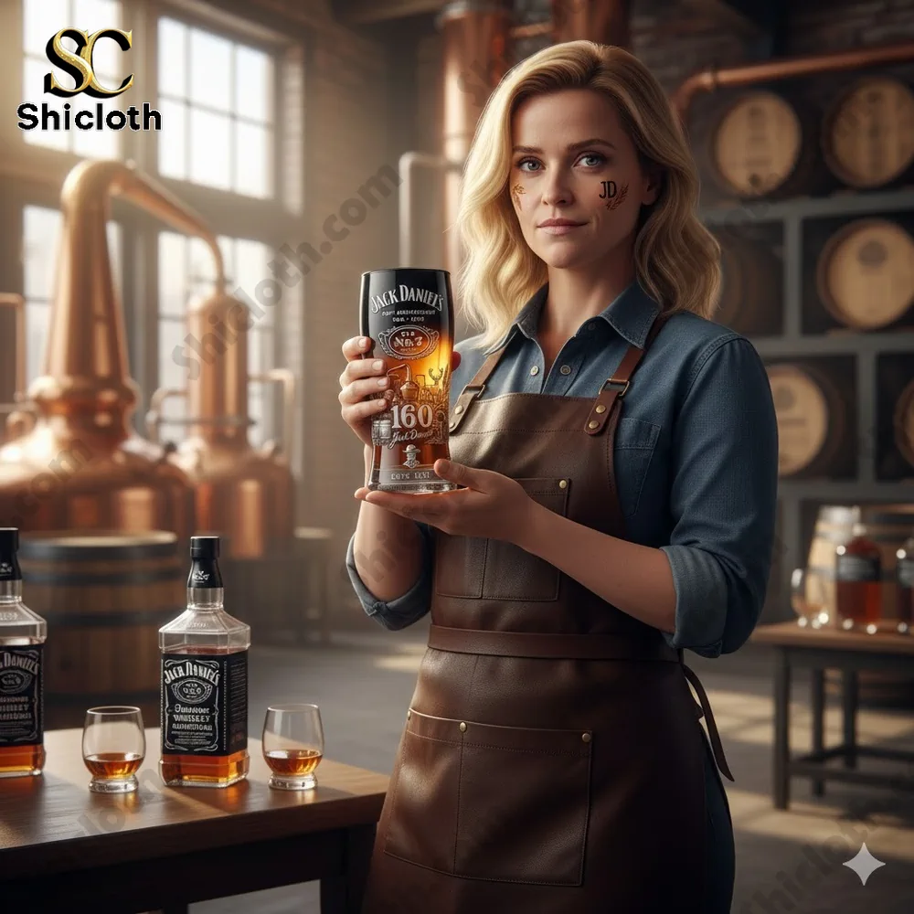 Woman holding a Jack Daniels anniversary glass inside a whiskey distillery!