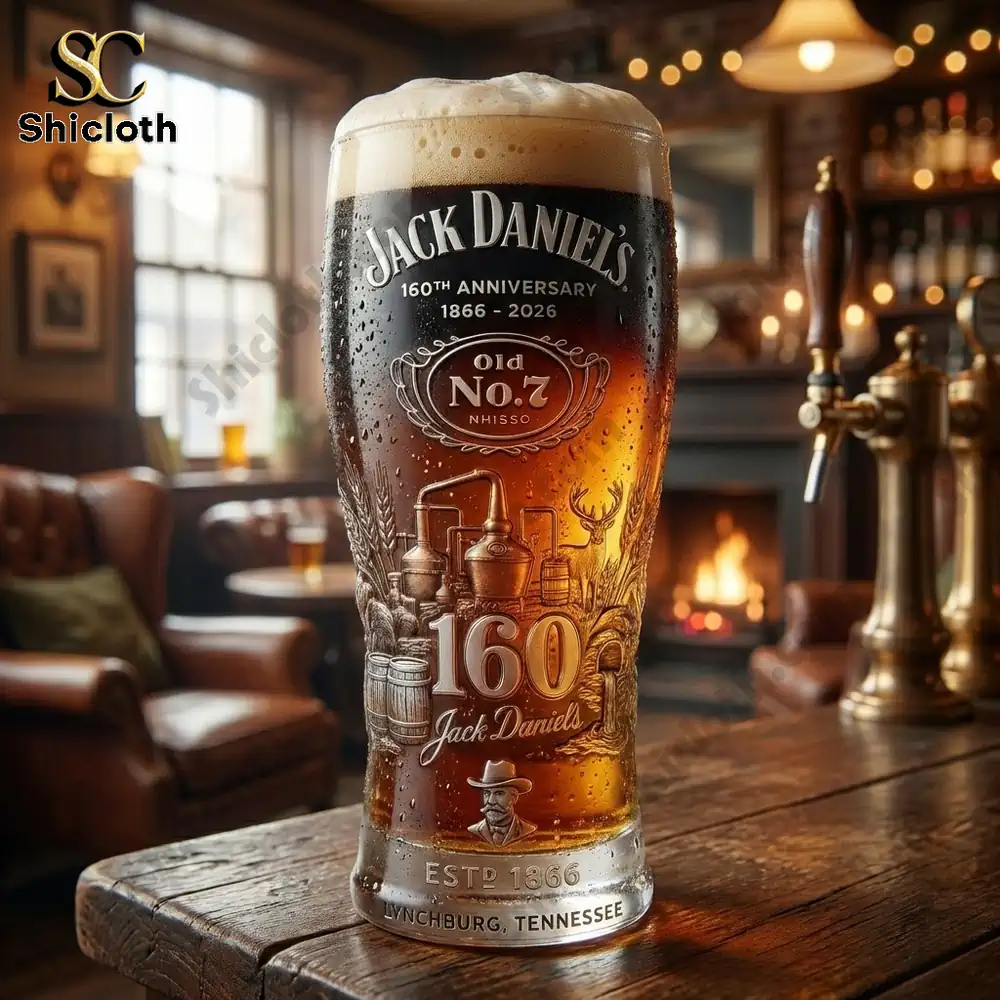 Jack Daniels 160 anniversary beer glass on a wooden bar!