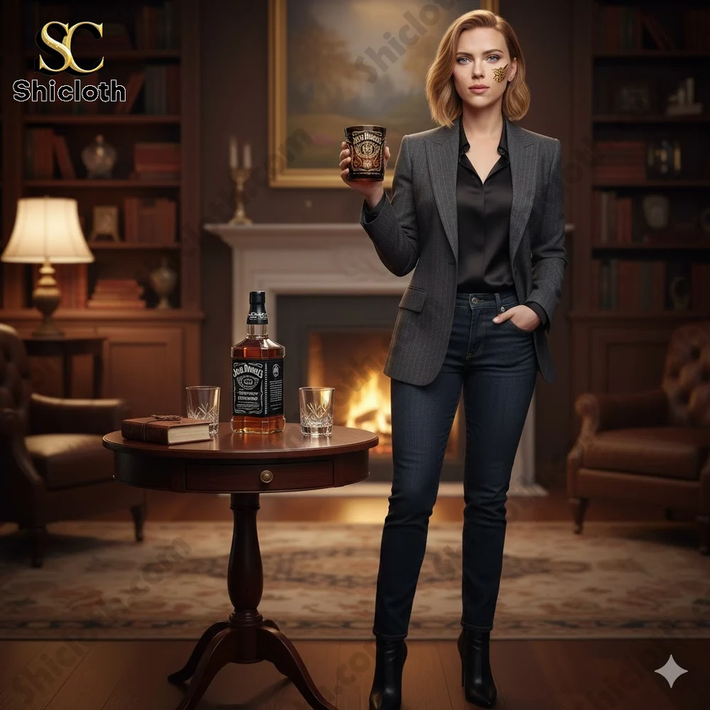 Elegant woman holding a Jack Daniels whiskey glass in a classic living room setting!