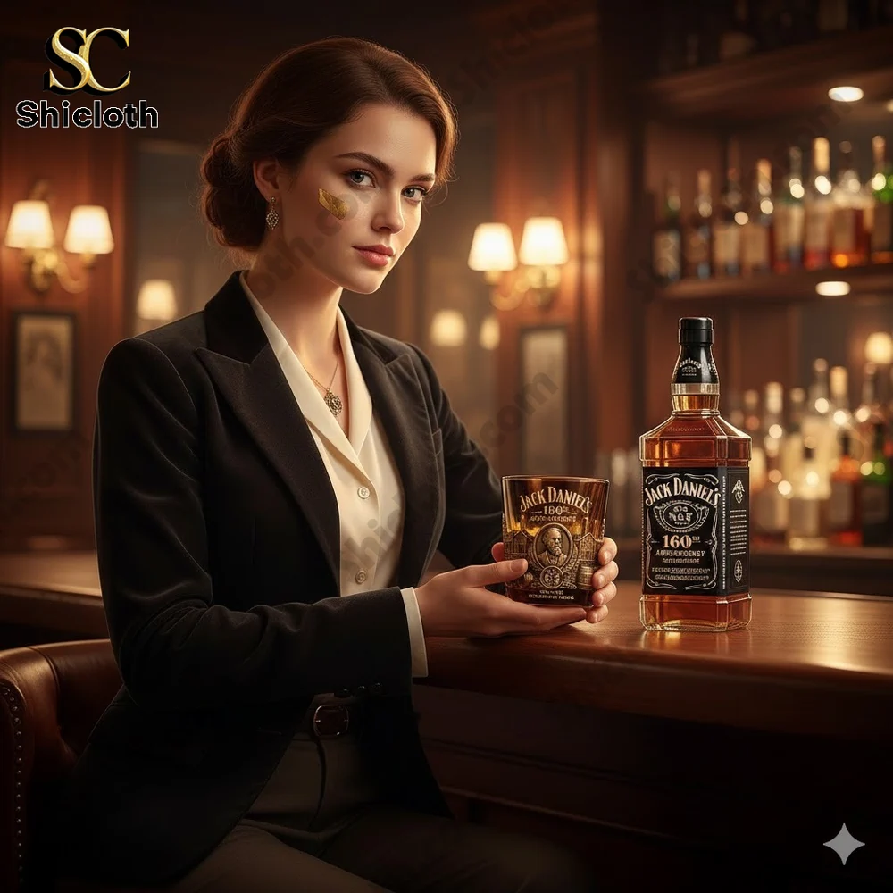 Elegant bartender holding Jack Daniels anniversary whiskey glass in luxury bar setting!