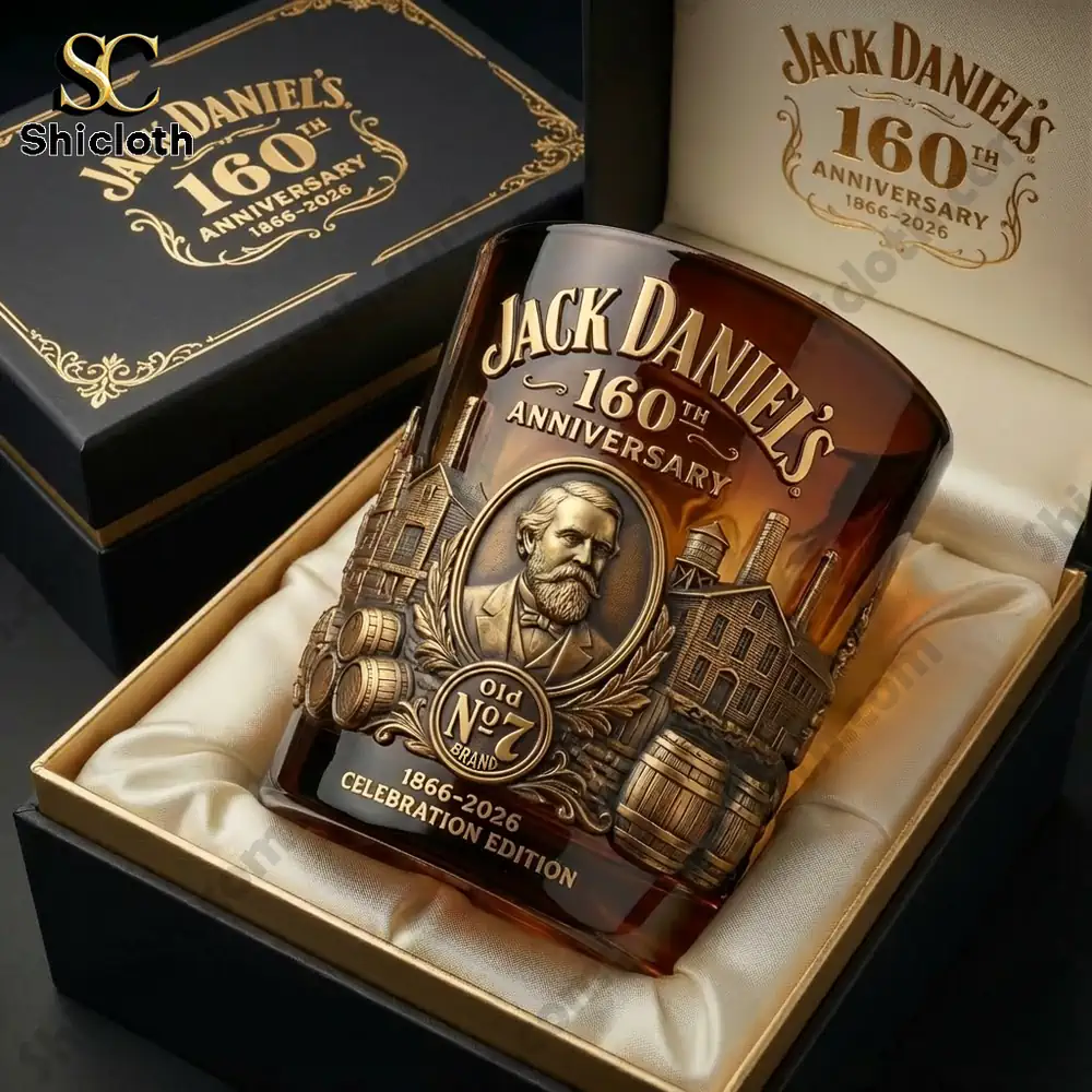 Jack Daniels anniversary whiskey glass displayed in premium gift box!