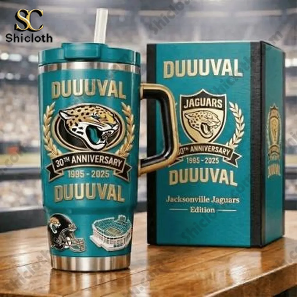 Jacksonville Jaguars Duuuval anniversary tumbler with handle and gift box on wooden table!