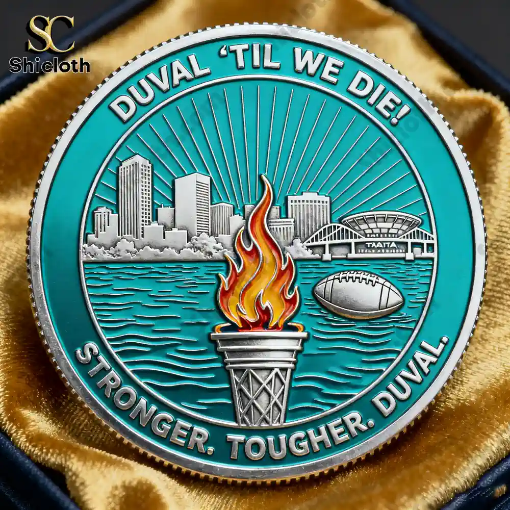 Jacksonville Duval commemorative coin back with city skyline and flame!