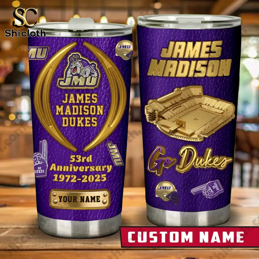 James Madison Dukes custom name insulated tumbler with purple and gold design shown from front and back