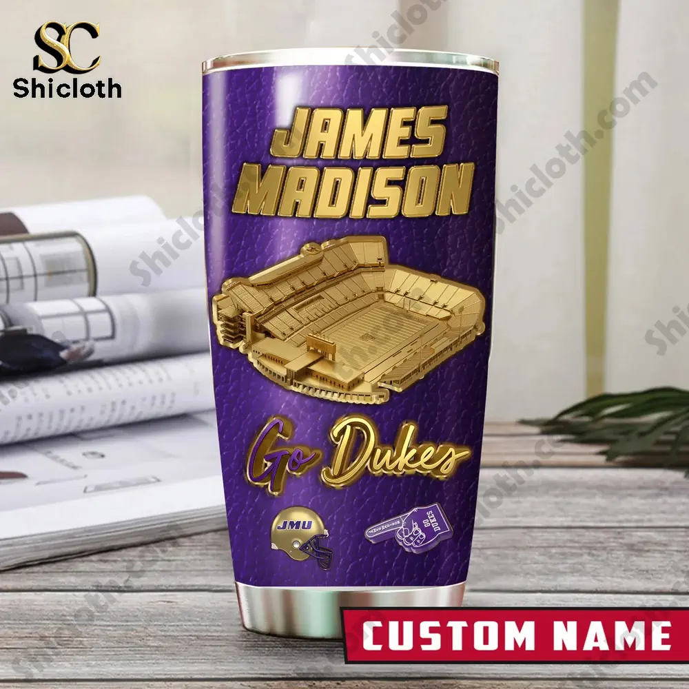 James Madison Dukes custom name tumbler with stadium graphic on desk