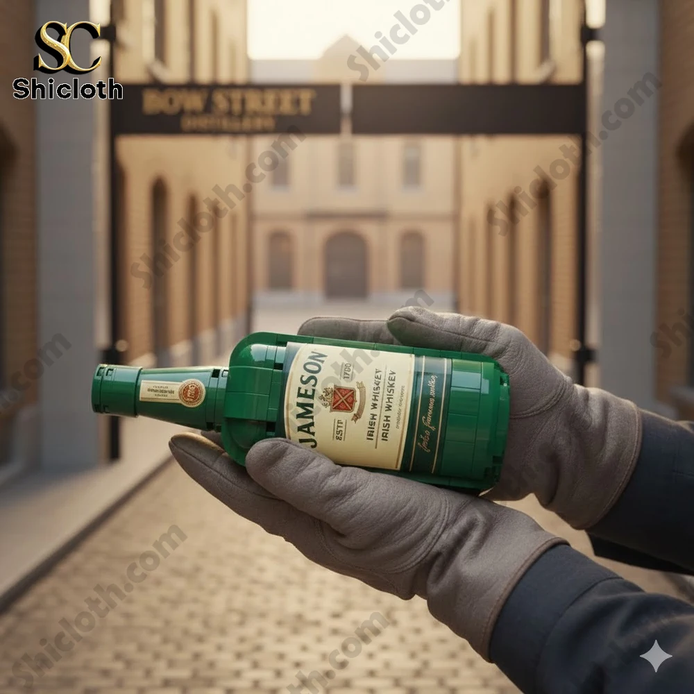 A hand holding a green Jameson whiskey bottle at a distillery gate!