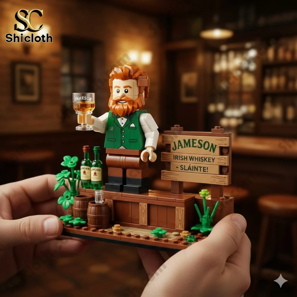 A lego style Irish bartender holding a whiskey glass at a wooden bar!