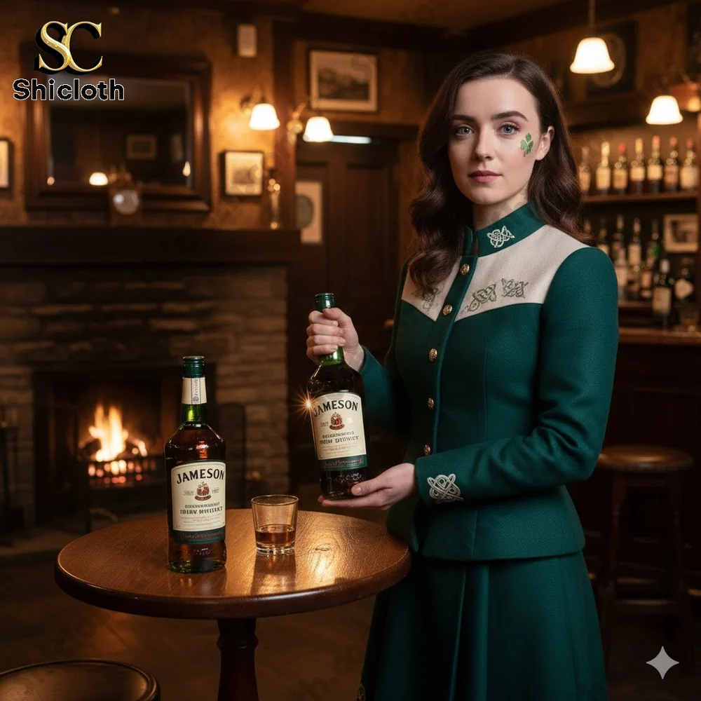 Woman holding Jameson whiskey bottle in a cozy pub setting!
