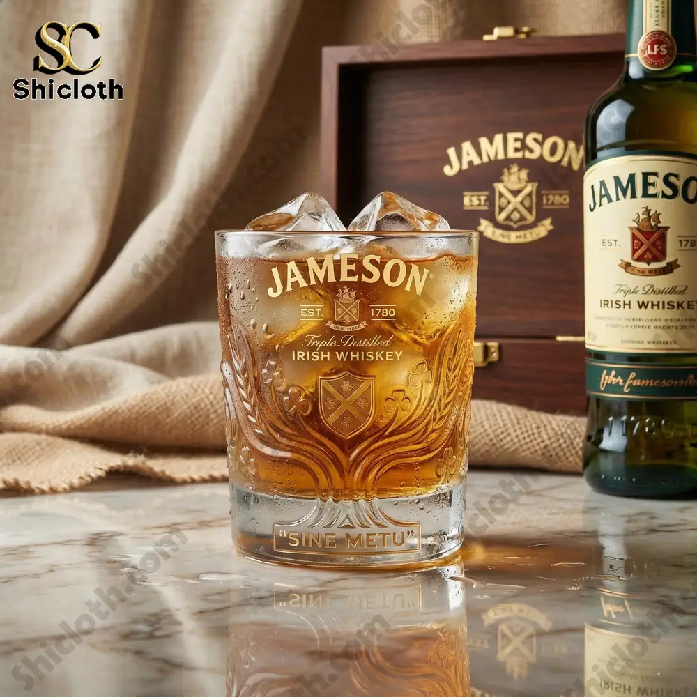 Glass of Jameson whiskey with ice on a marble surface!