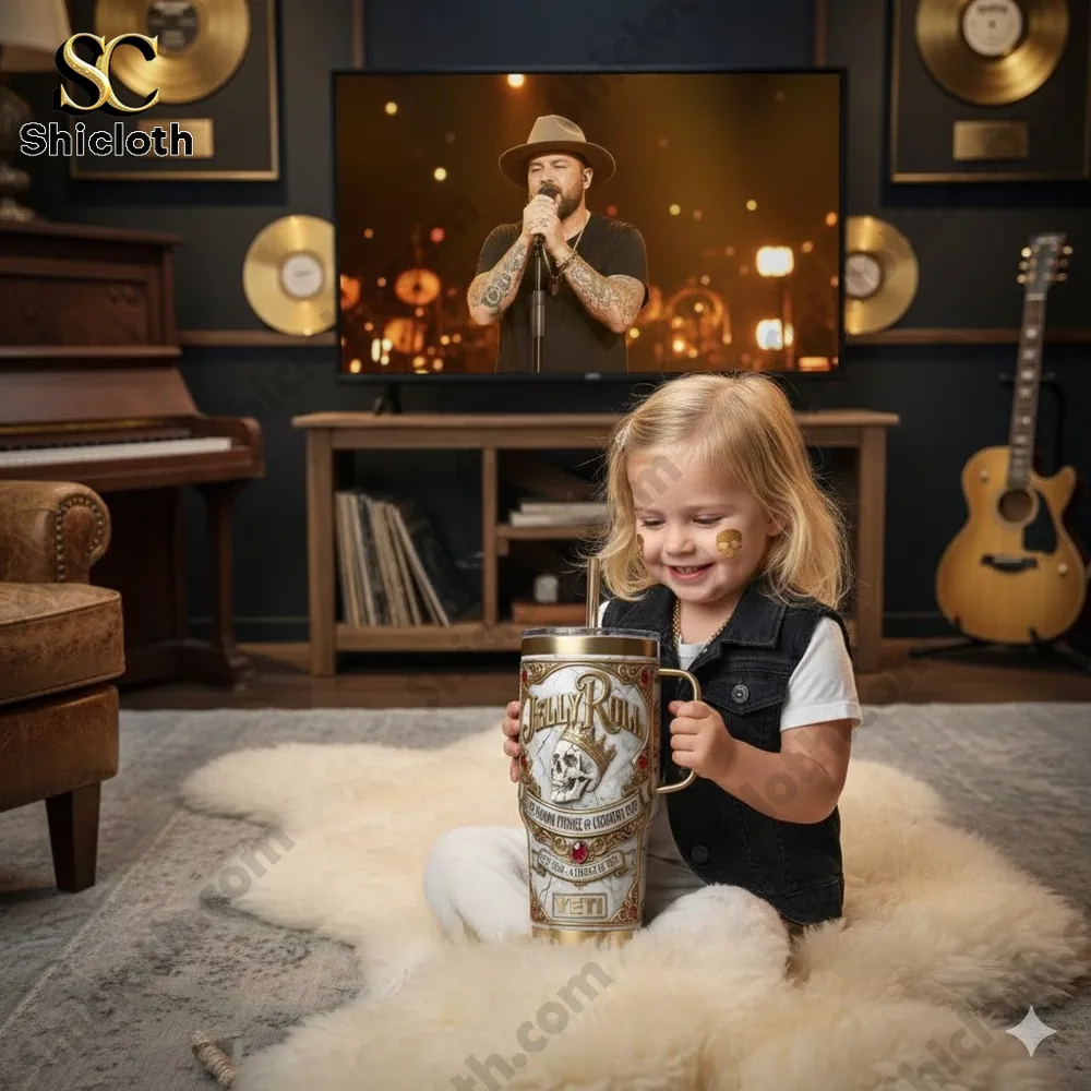 Child holding Jelly Roll country rap tumbler in music themed room!