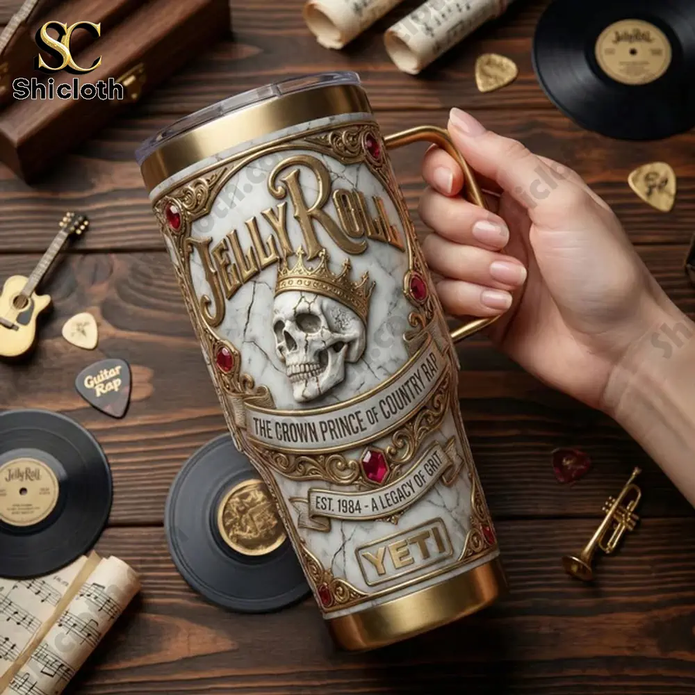 Jelly Roll The Crown Prince Of Country Rap Tumbler 3 Hand holding Jelly Roll country rap tumbler!