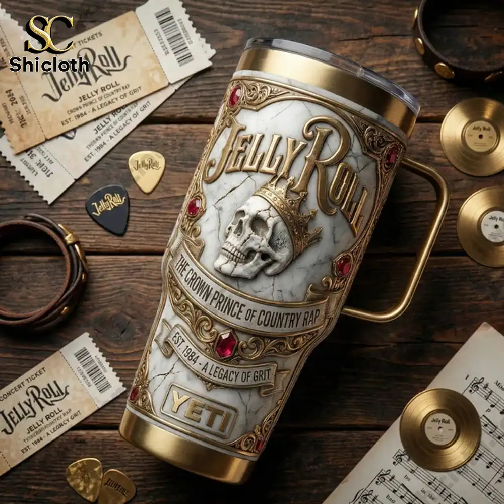 Jelly Roll The Crown Prince Of Country Rap Tumbler 4 Jelly Roll country rap tumbler on wooden table!