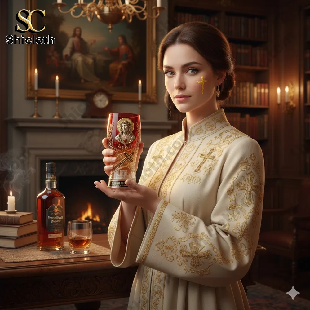 Woman holding a sacred themed collector glass in a classic room!