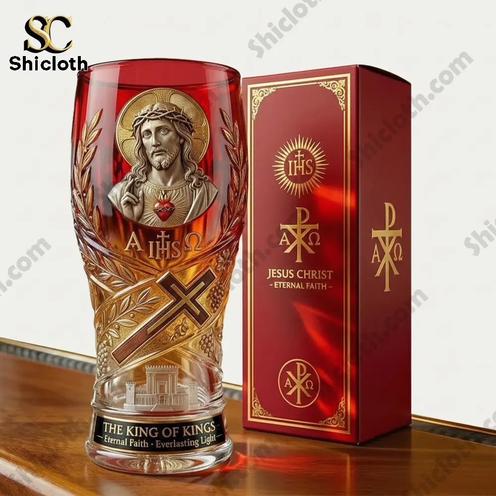 Sacred themed collector glass with red gift box on wooden table!