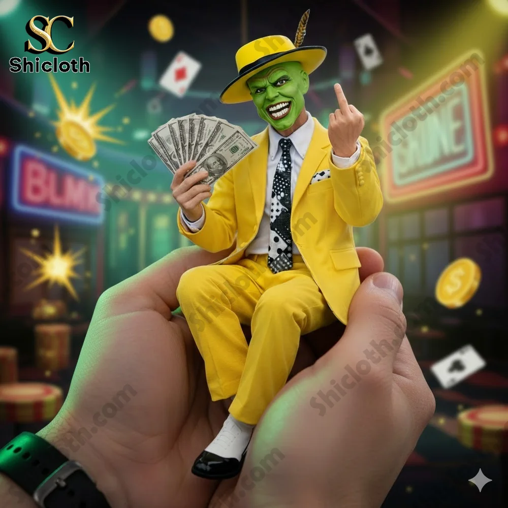 Rat Fink Skull Road Outlaw Collectible Pop Figure Doll 34 Green masked character in yellow suit holding cash while sitting on a human hand!