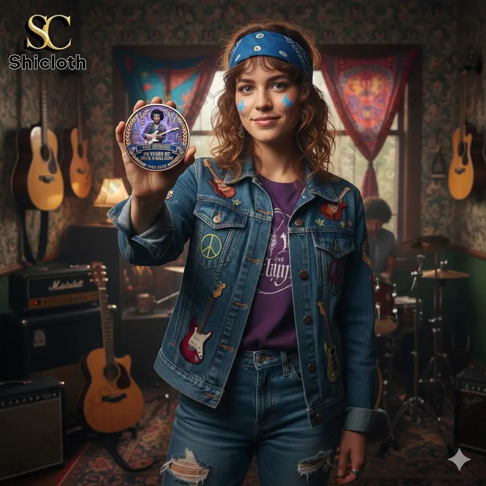 Pokémon 30th Anniversary Commemorative Challenge Coin Series 32 Young woman holding a vintage rock themed coin in a music studio scene!