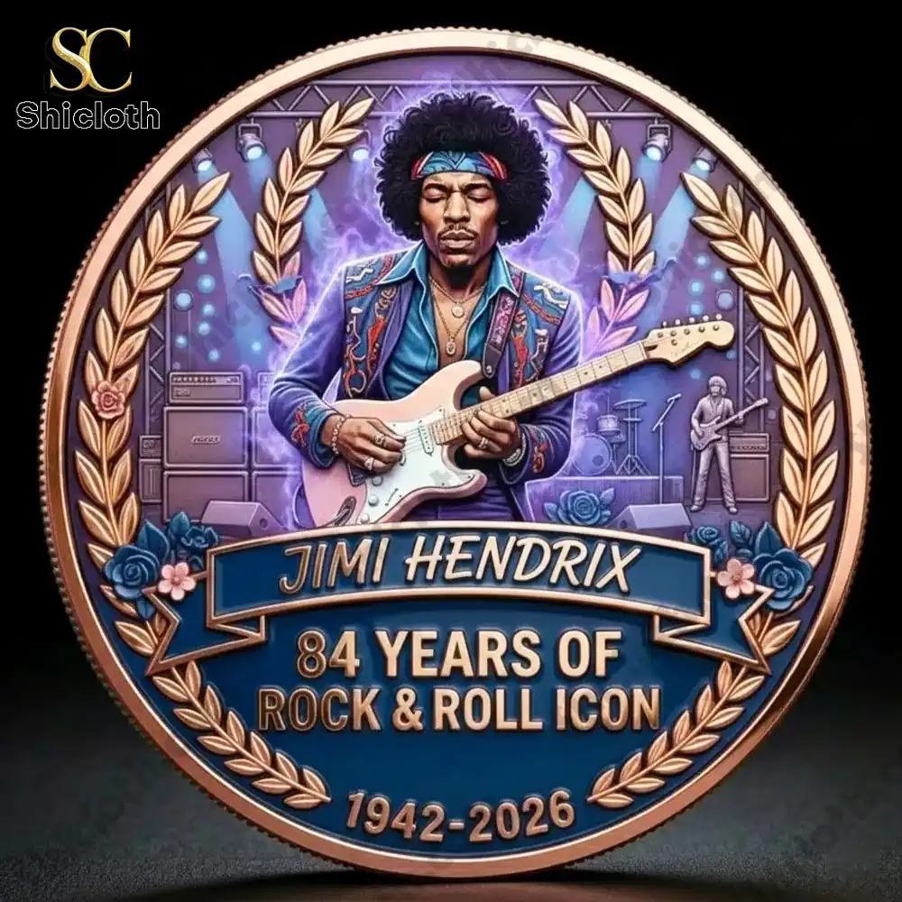 Commemorative coin featuring a legendary electric guitar musician on stage!