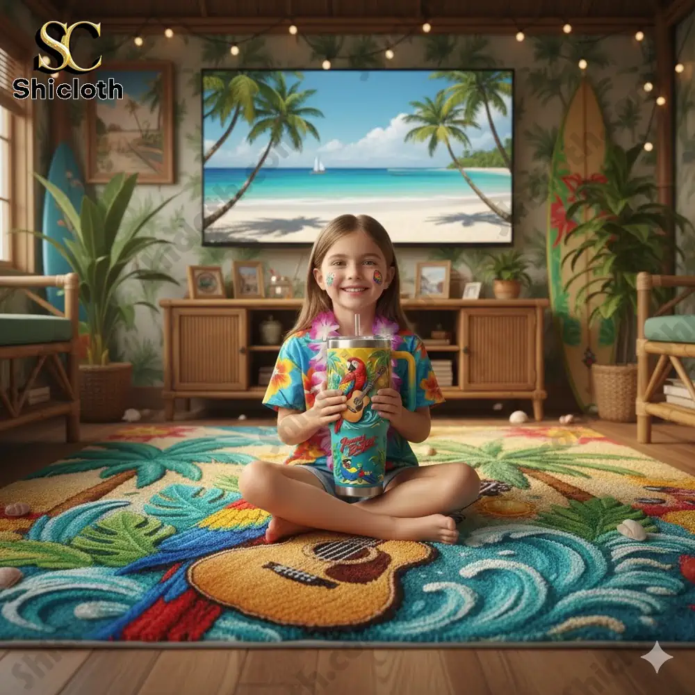 Smiling girl holding a tropical themed insulated mug indoors!