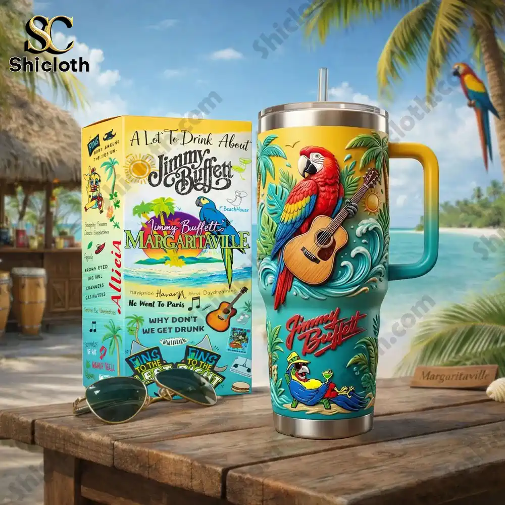 Tropical insulated mug with parrot design on beach table!