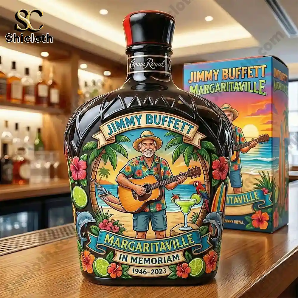 Close up of Jimmy Buffett Margaritaville bottle displayed on a wooden bar!