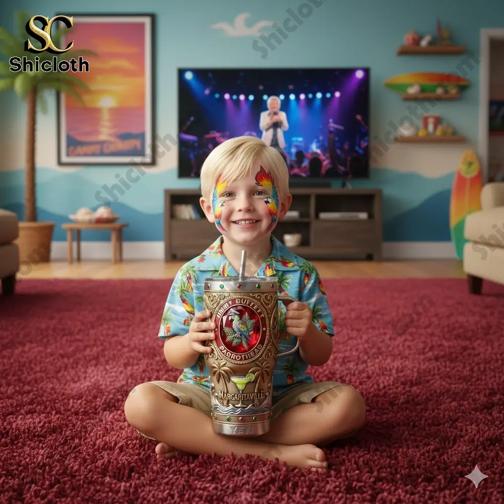 Smiling child holding a Yeti Margaritaville parrot mug indoors!