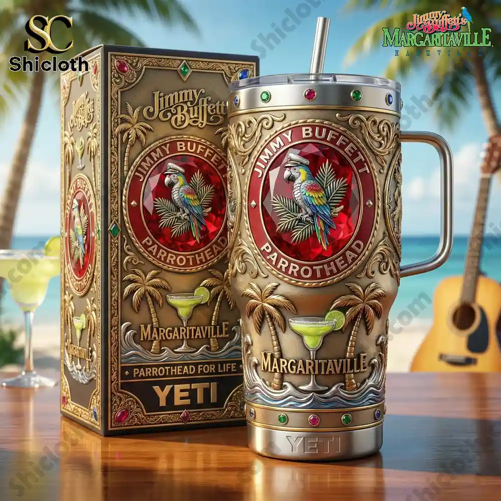 Yeti Margaritaville Parrothead mug with decorative box on beach table!