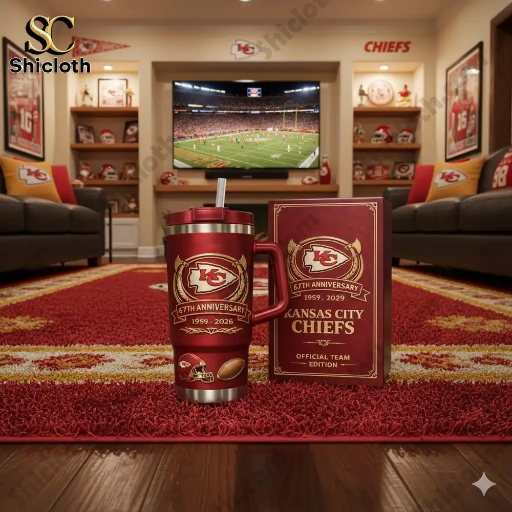 Kansas City Chiefs anniversary tumbler and gift box displayed in a themed living room!