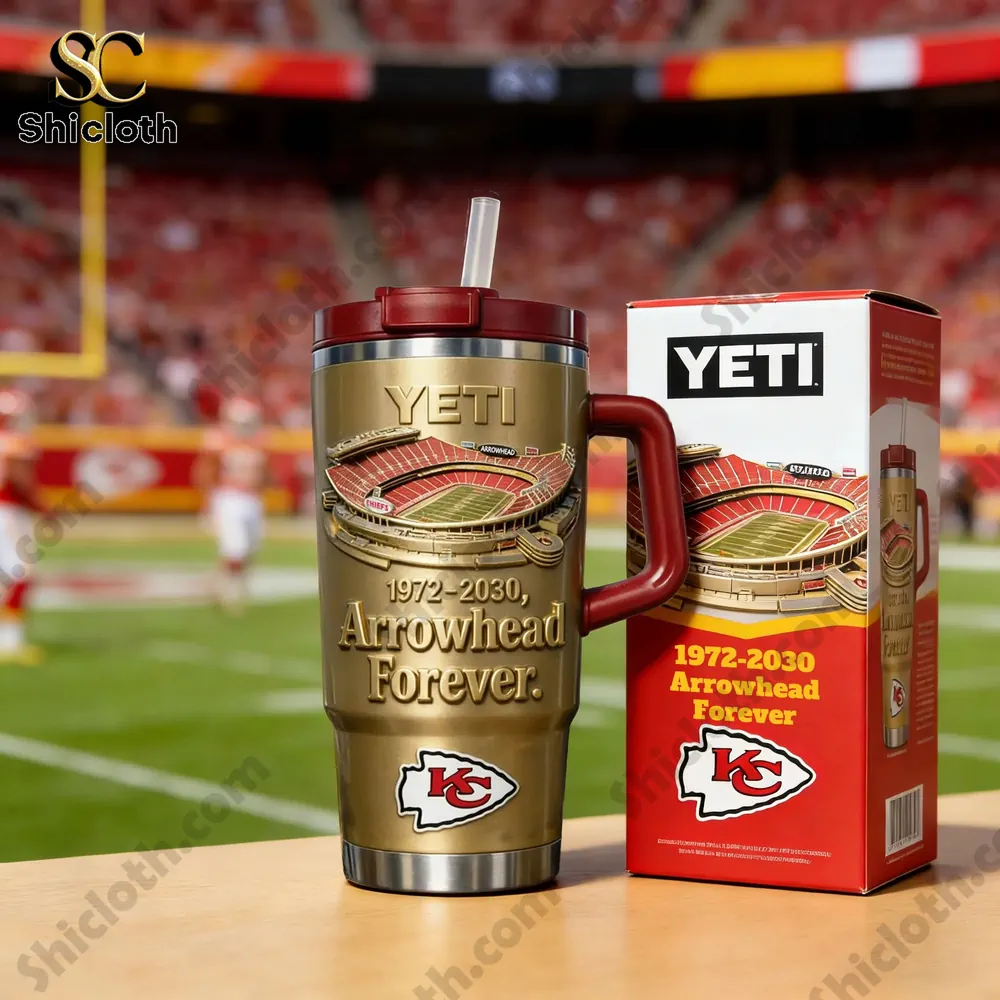 Philadelphia Eagles 93rd Anniversary Limited Edition Travel Tumbler 100 Yeti stadium themed mug with Arrowhead Forever design on a table at a football stadium!