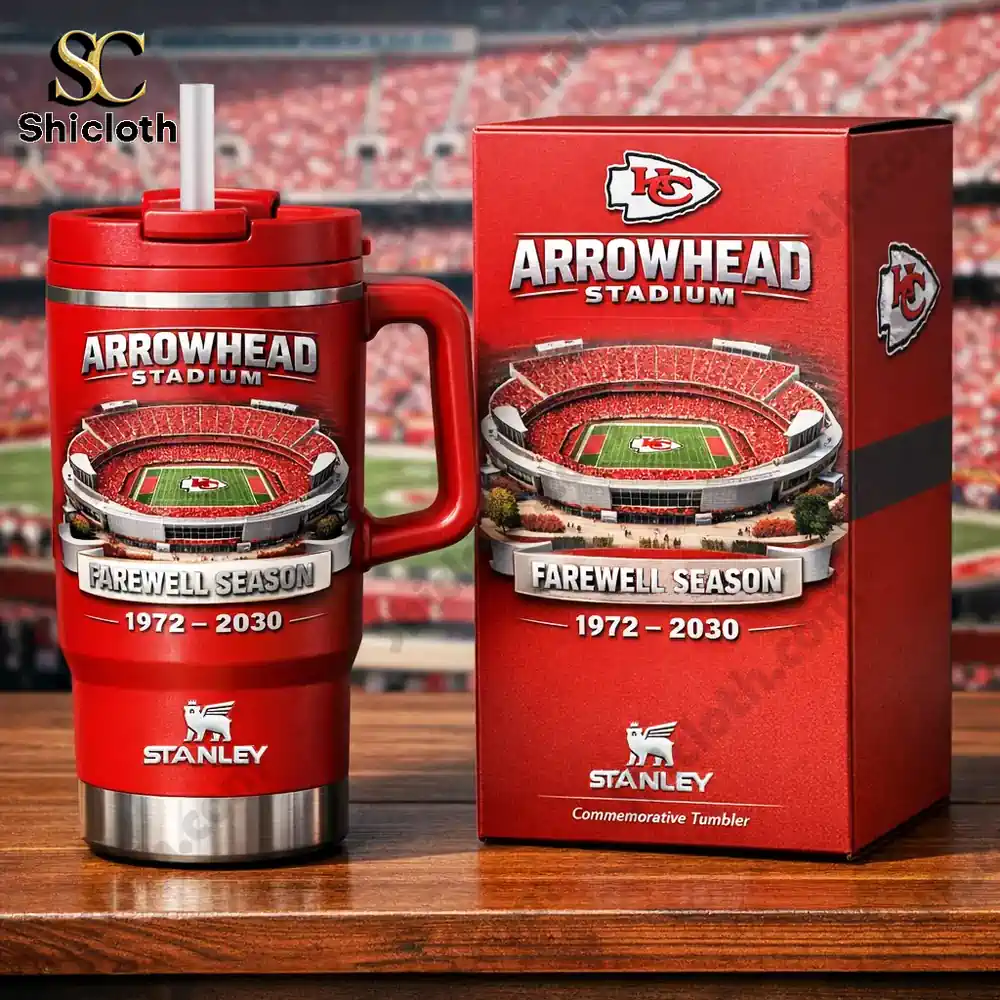 Red Stanley tumbler with Arrowhead Stadium design and commemorative box!