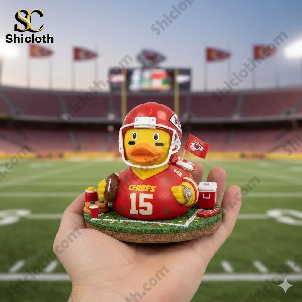 Dolly Parton's 80th Anniversary 1946-2026 Collectible Pop Figure Doll 84 Kansas City Chiefs rubber duck figurine held in hand on football field!