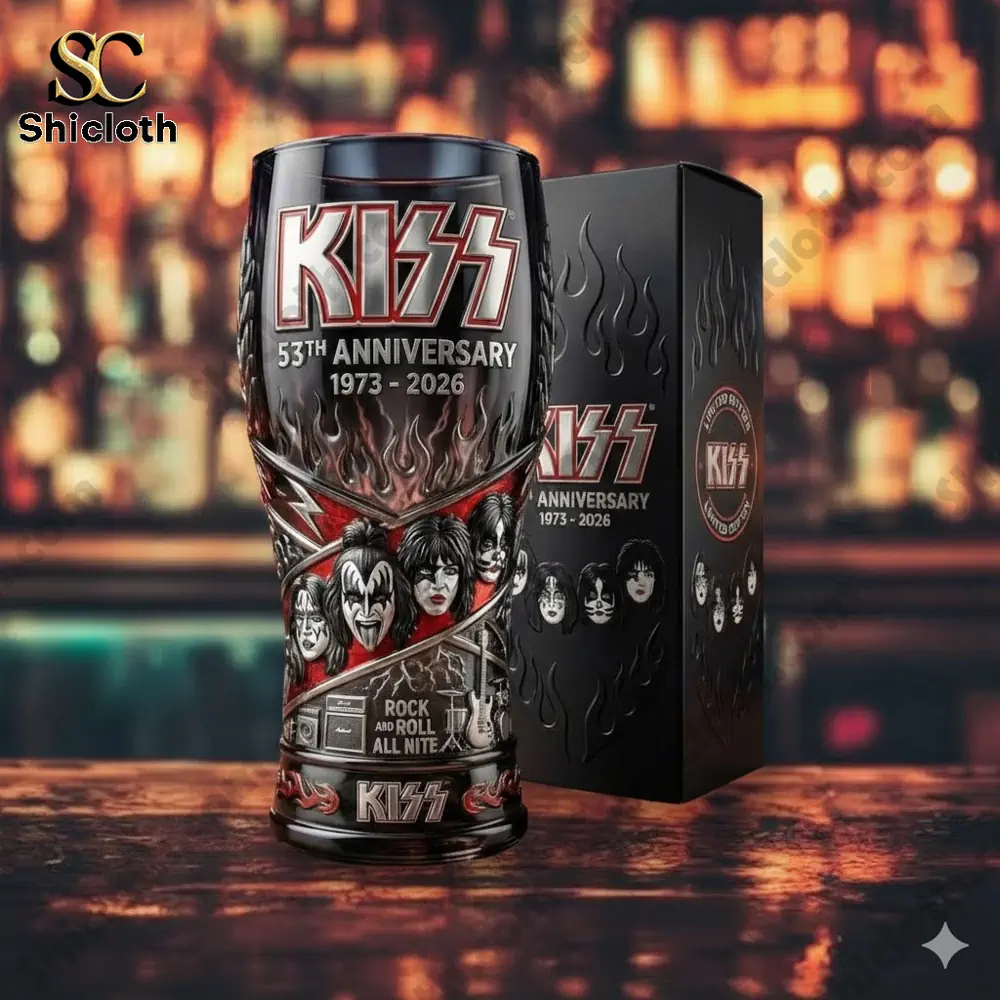KISS anniversary beer glass with rock band artwork from Shicloth!