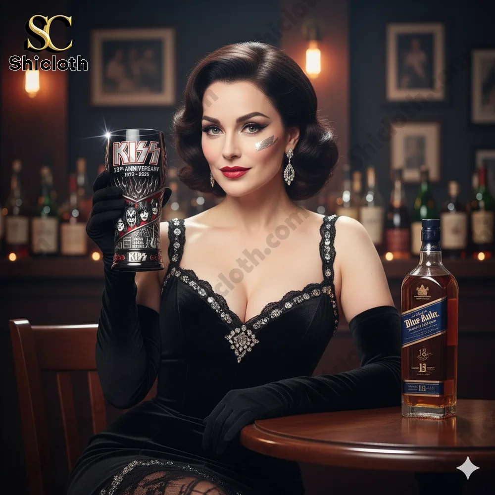 Elegant woman holding KISS anniversary beer glass at a classic bar from Shicloth!