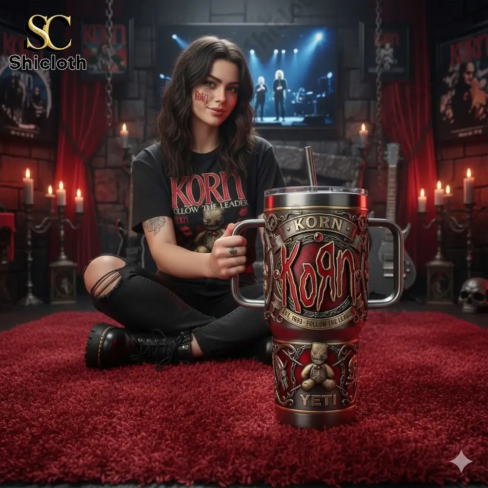 A woman sitting in a rock themed room holding a Korn Yeti tumbler from Shicloth!
