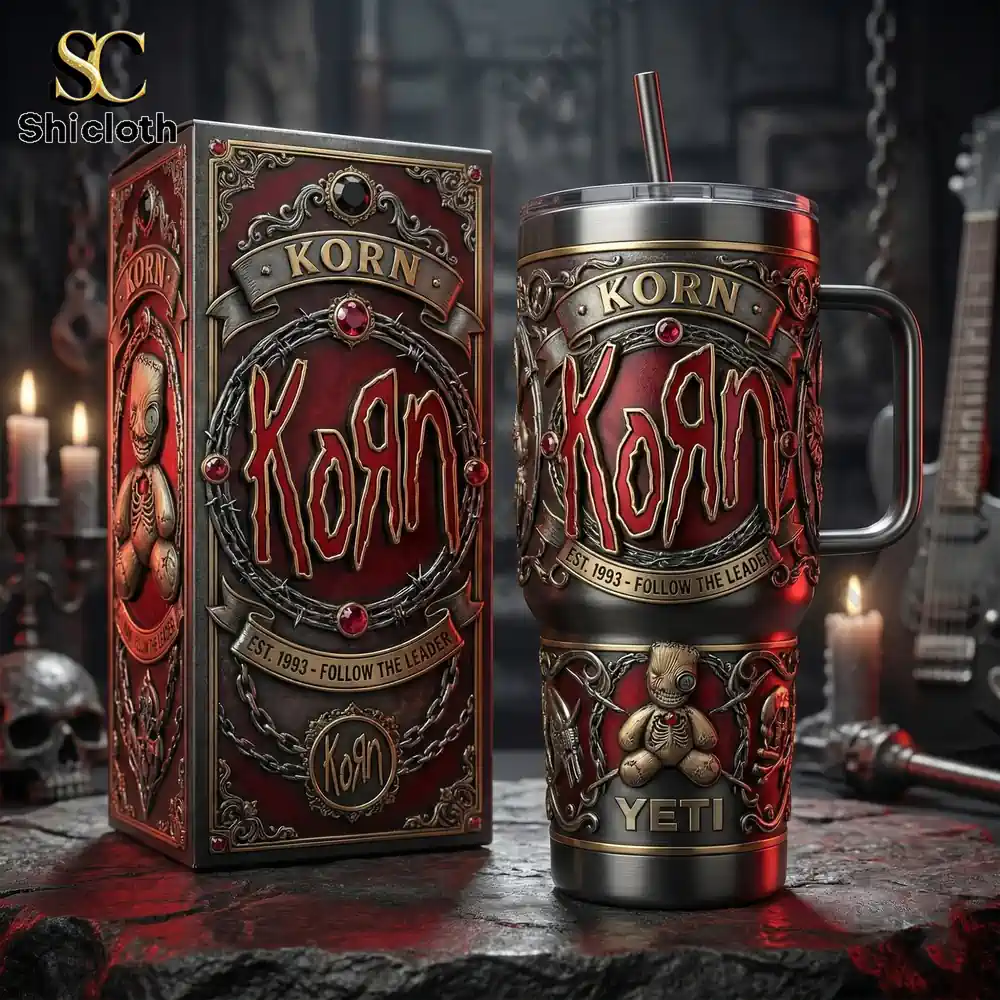 Korn Yeti tumbler standing next to a decorative product box from Shicloth!