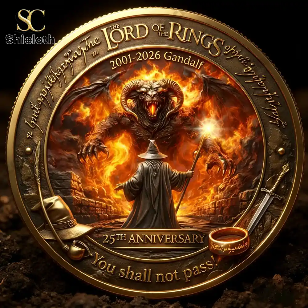 Gandalf facing a fiery demon on a fantasy commemorative coin!