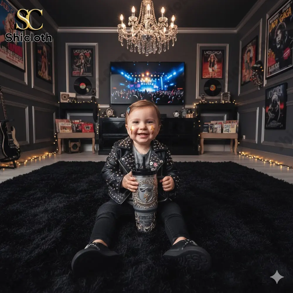 Baby sitting on rug holding Shicloth engraved music style tumbler in themed room!