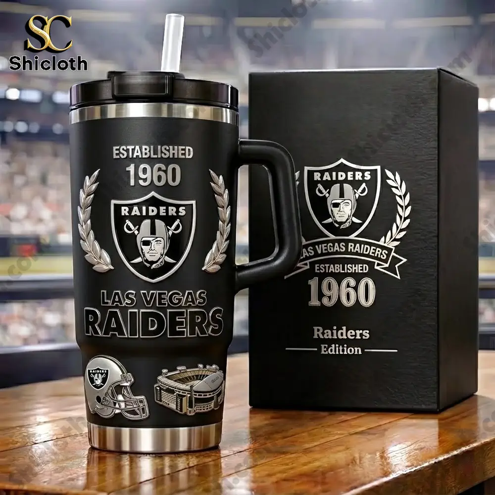 Las Vegas Raiders insulated tumbler with gift box on wooden table!