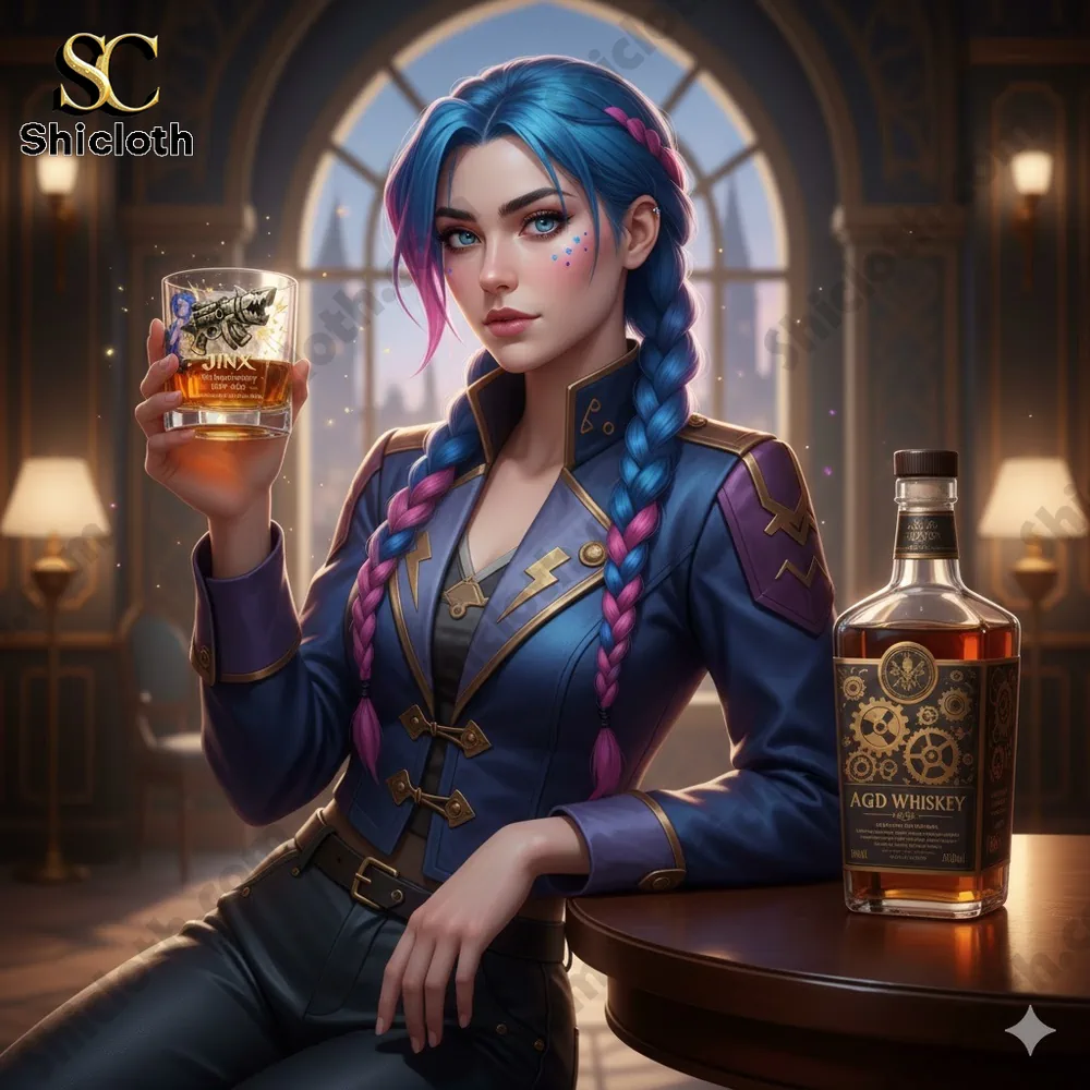 Stylish blue haired woman holding a themed whiskey glass in a luxury interior.