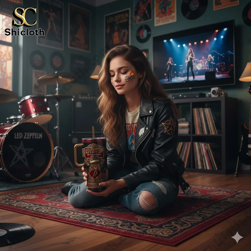 Young woman sitting in a music room holding a Led Zeppelin themed tumbler from Shicloth!