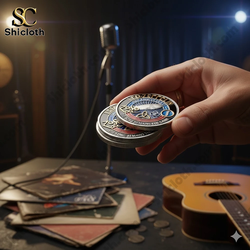 Hand holding Led Zeppelin anniversary commemorative coin near guitar and vinyl records!