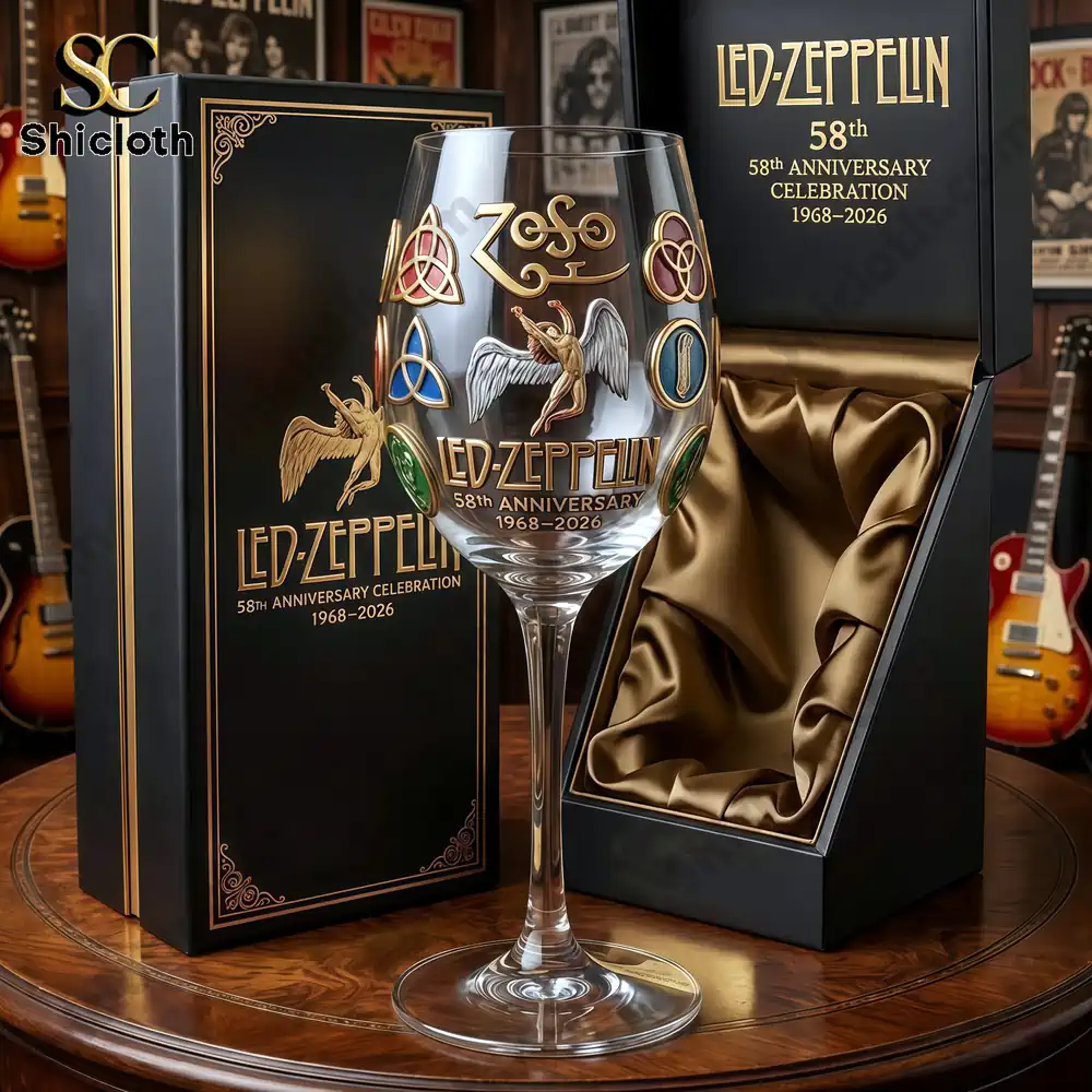 Led Zeppelin anniversary wine glass with luxury gift box on wooden table!