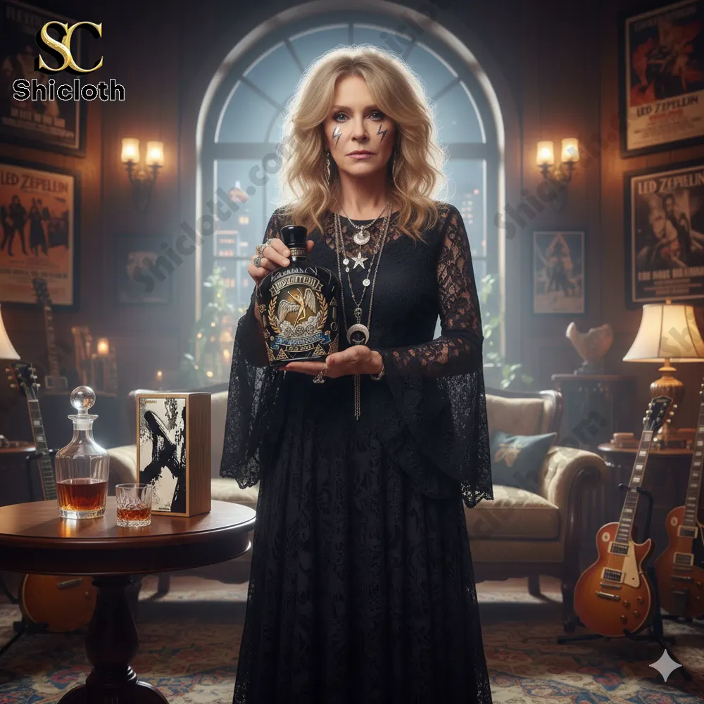 Woman holding Led Zeppelin anniversary whiskey bottle in vintage music room.