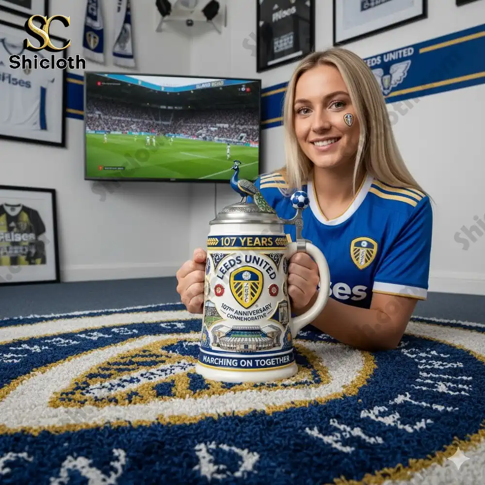 A Leeds United fan holding a commemorative beer stein inside a club themed room!